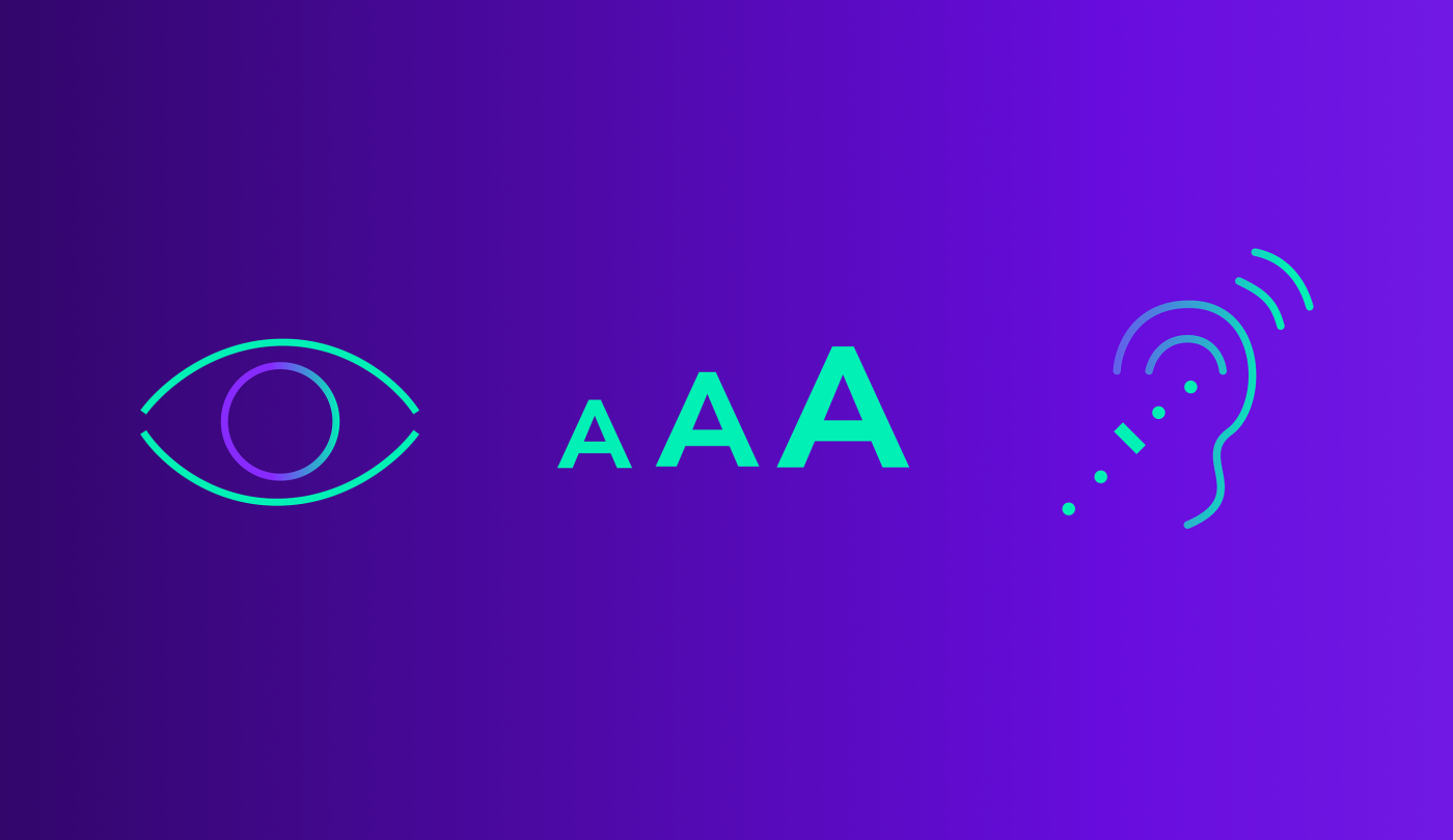 Icons in a purple green gradient in a row: an eye, the letter 
