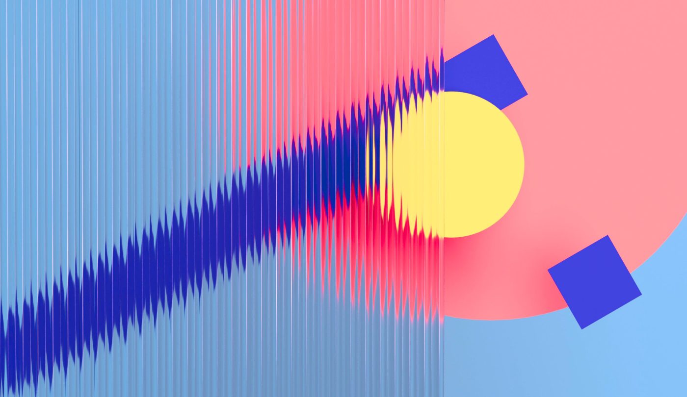 An image composed of vibrant yellow and pink circles alongside blue squares and rectangles. The left two-thirds of the image appears as if it is positioned behind a transparent vertical piece of glass, distorting the shapes behind it.