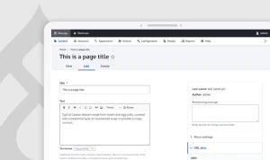 A screen shot of the  Drupal 10 content editing interface overlayed on the Drupal logo