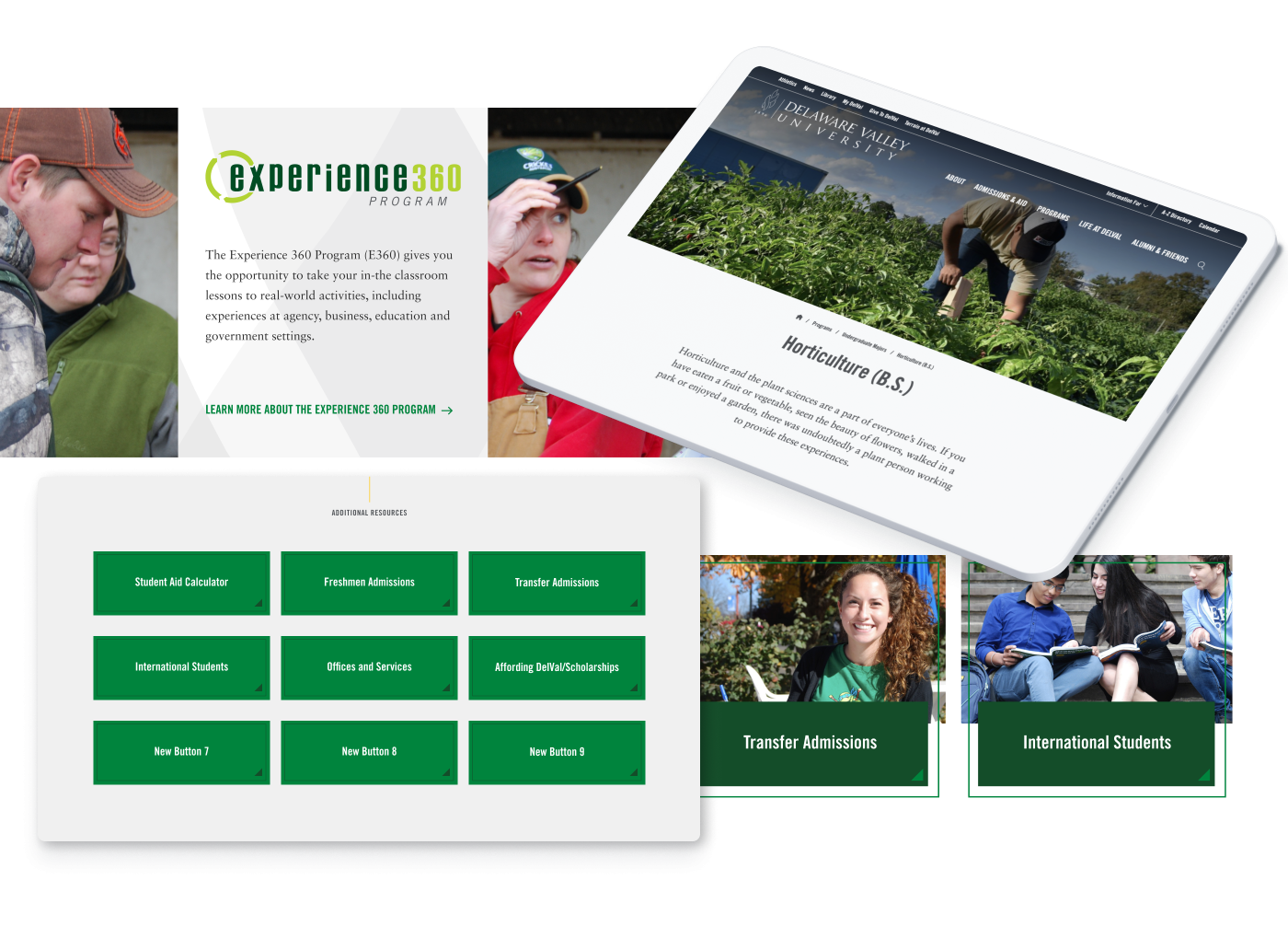 A collage of different sections of Delaware Valley University's website featuring the Experience360 program and a preview of the web page about the horticulture program