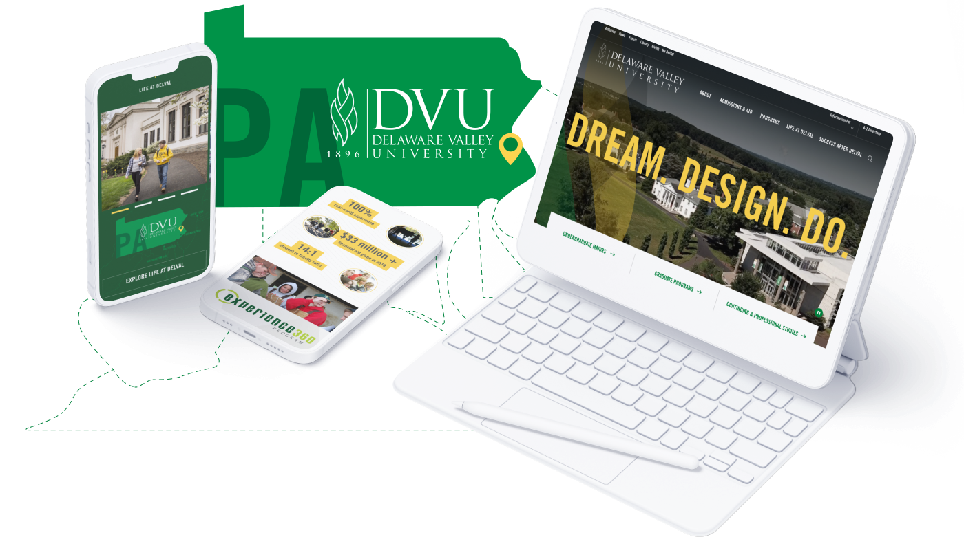 Delaware Valley University's Logo which uses both green & yellow featured in a collage with the new redesign of their website uses the colors of the logo as accents to the design. Both a smartphone and laptop are present showing the differences in design for both browsers. The new homepage prominently displays the university's tagline, 