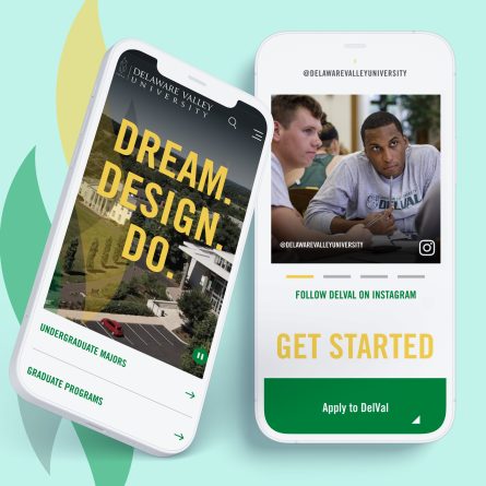 Two smartphones showing the different landing pages for Delaware Valley University's redesigned site. The homepage features the tagline 