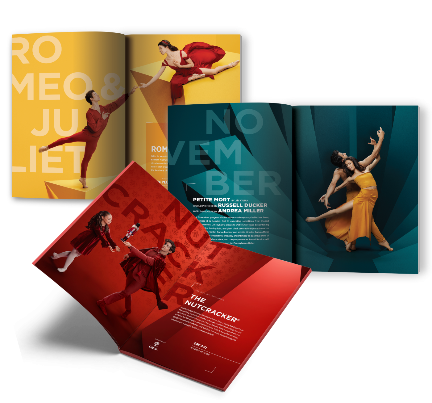 3 brochures for the Philadelphia Ballet featuring elements of the new creative direction that uses bold imagery and colors. Each brochure uses a different, vibrant color for the background to highlight the dancers such as gold, dark red, and turquoise.