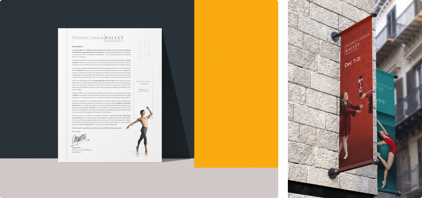 Philadelphia Ballet's branding campaign includes stationery and banners.