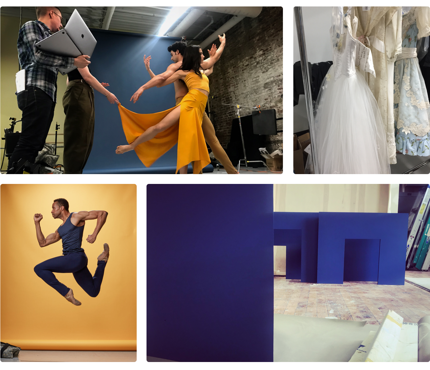 Collage of behinds the scene at the photo shoot. The first image show the creative direction team guiding the ballet dancers who are posing. The second image shows costumes waiting to be used. The third image captures a ballet dancer as he jumps in the air creating a dramatic pose. The last image features the backdrop and scenery pieces in a deep blue color.