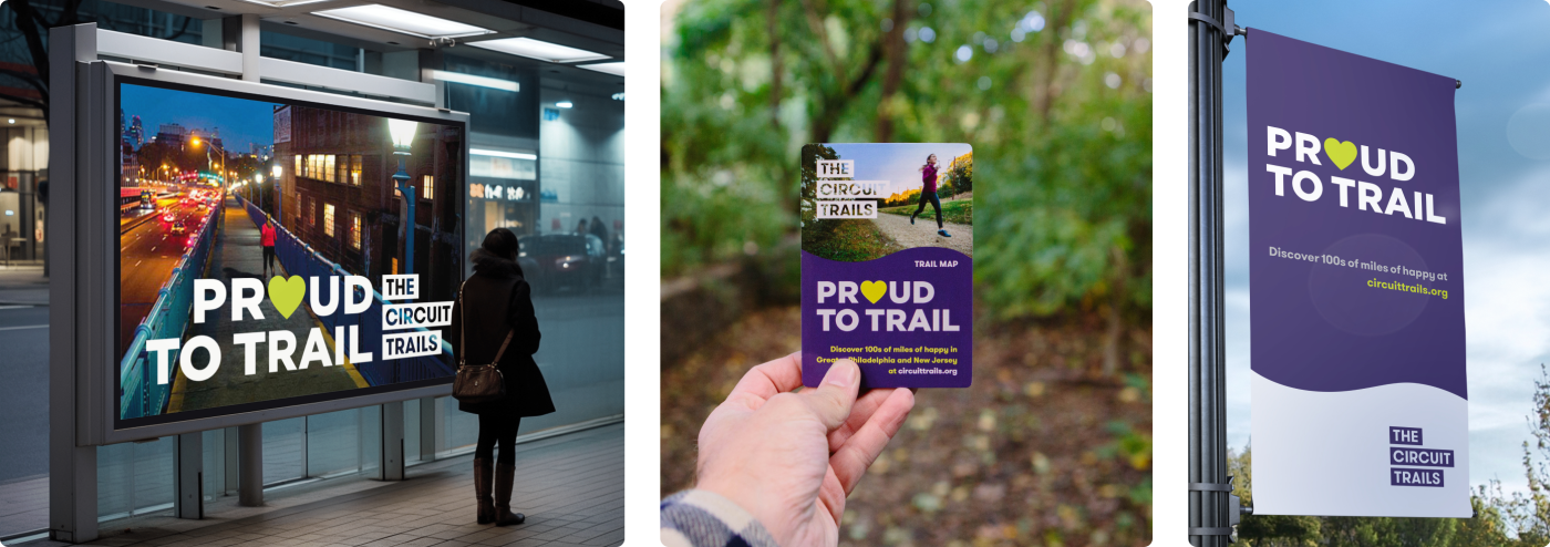 Collage showing Circuit Trails' new branding in 3 environments. The first is an ad at a bus stop. The second is a trail map and the last is a banner hung from a light pole. All of these feature the tagline 