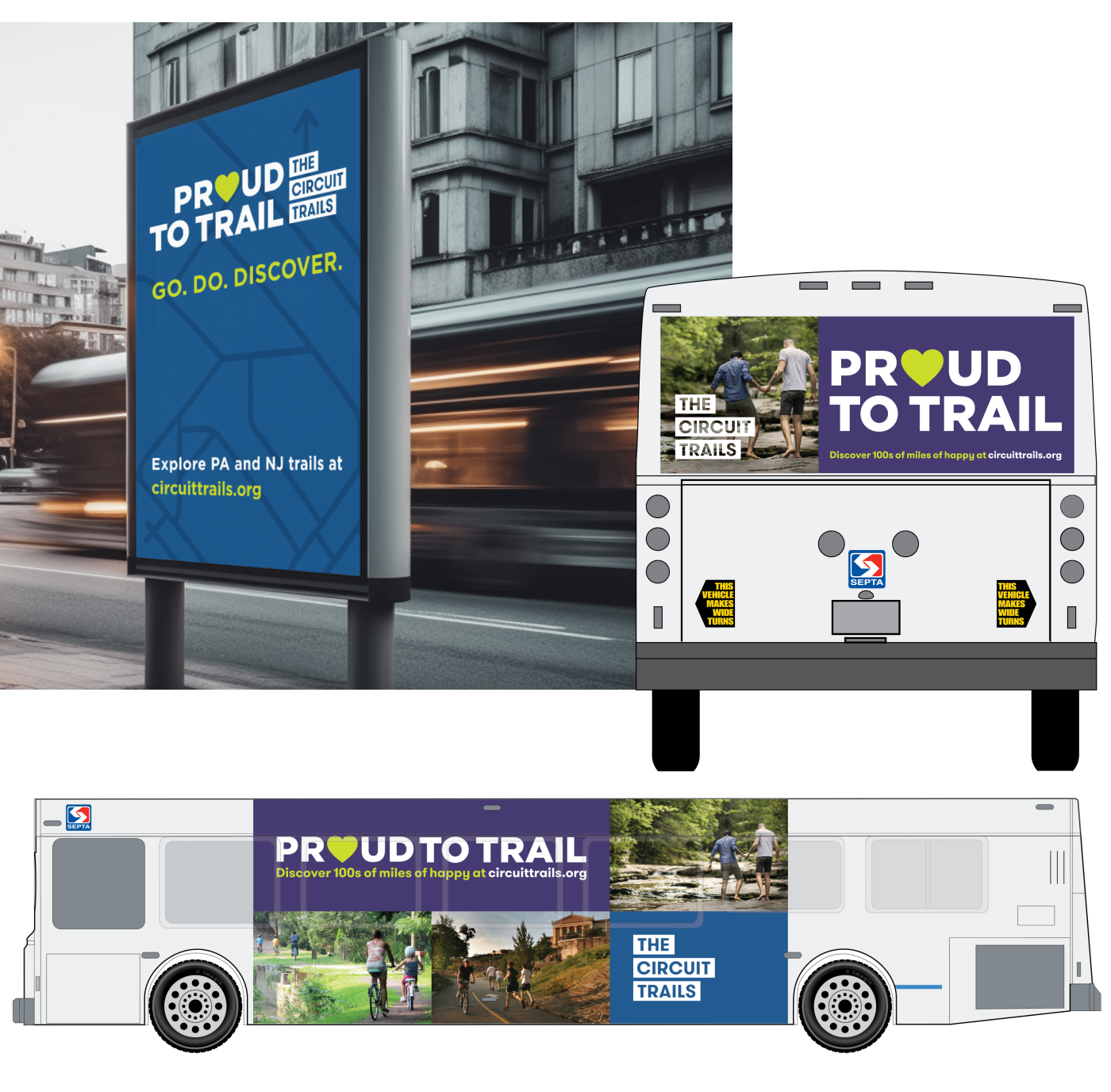Bus Ads showing Circuit Trails Logo on the side and back of bus as well as bus stop ad.