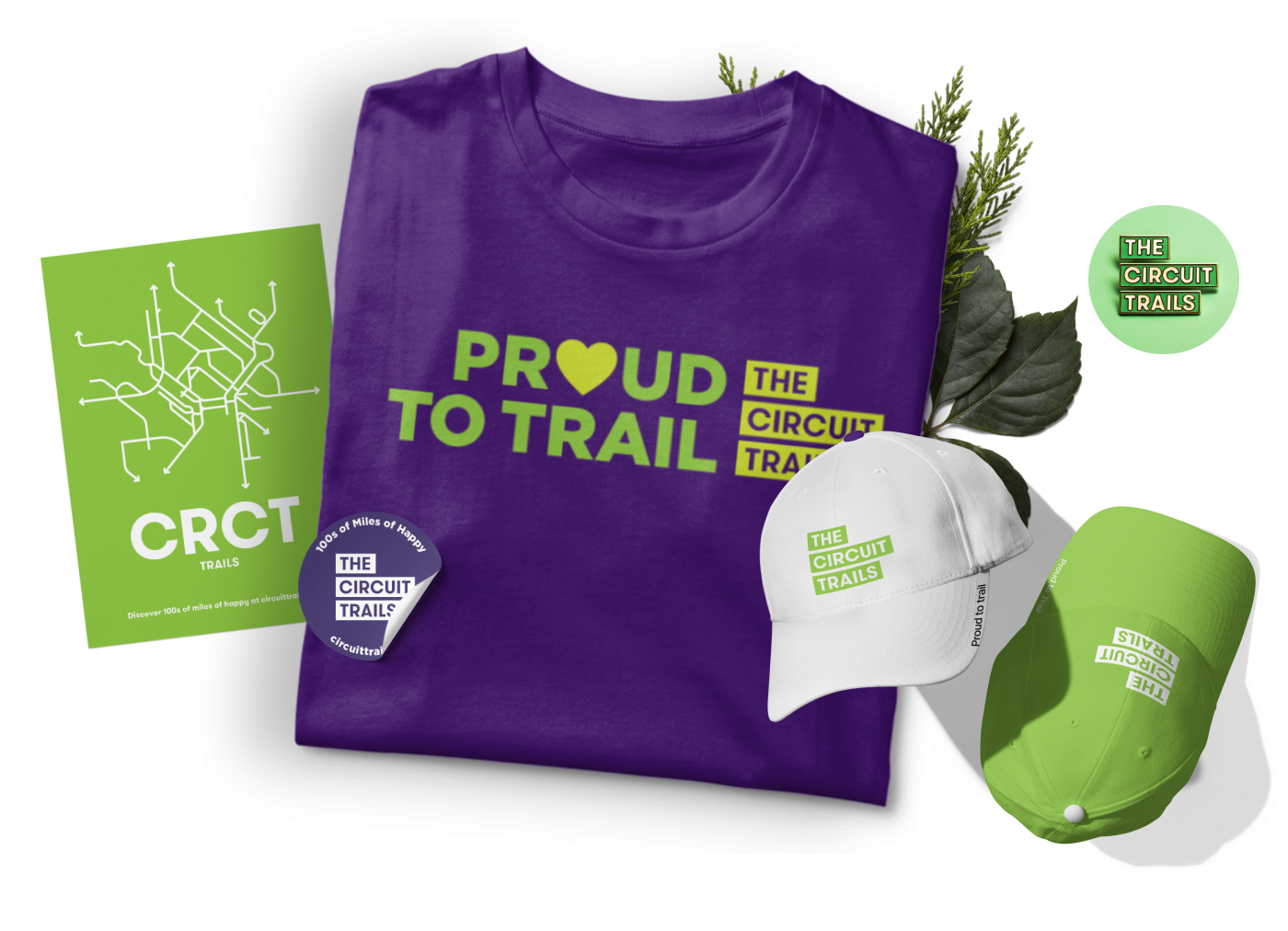 Circuit Trails Merchandise Branding on a t-shirt and hats.