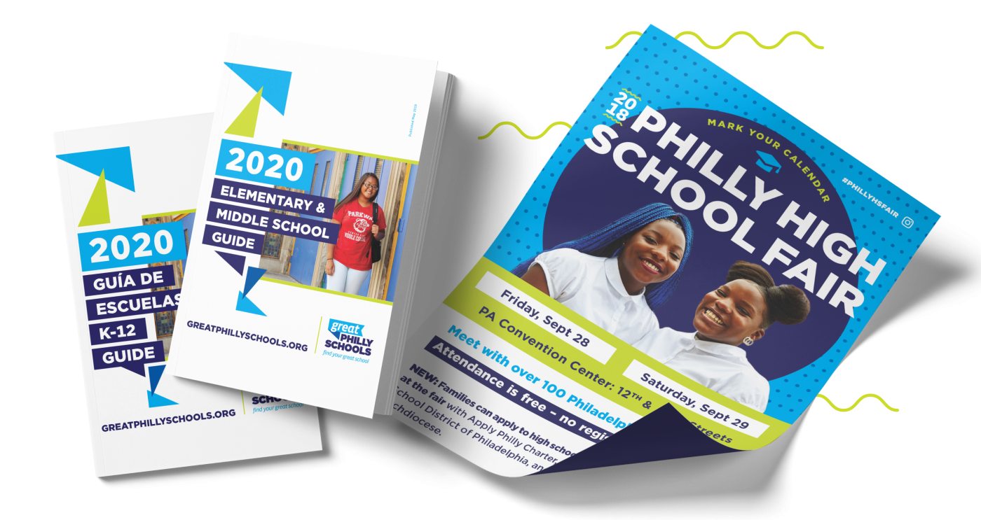 A collection of informational brochures and event flyers for PhillyGreatSchools.