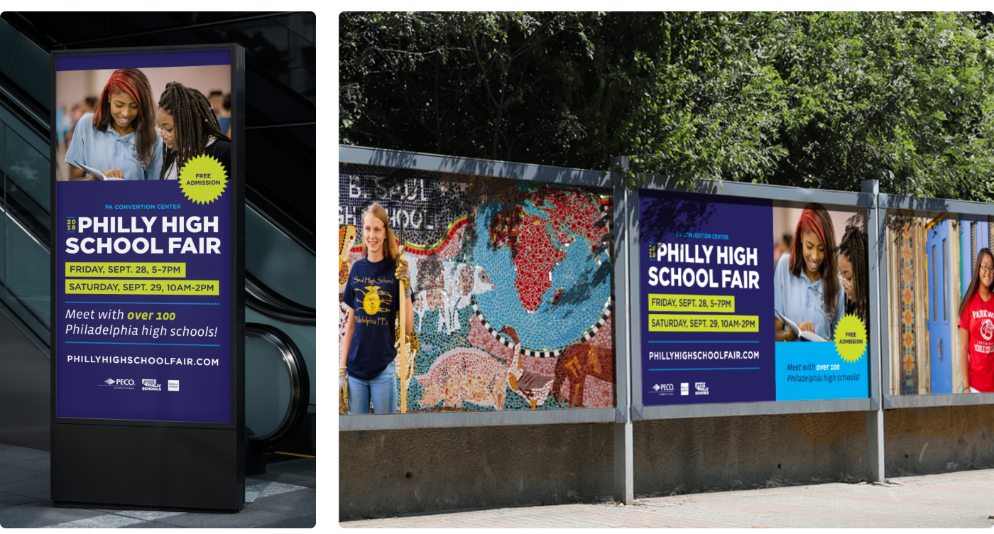 Two promotional ads featured in Philadelphia. One is located at the Philly Convention Center and the other is located along a prominent street.