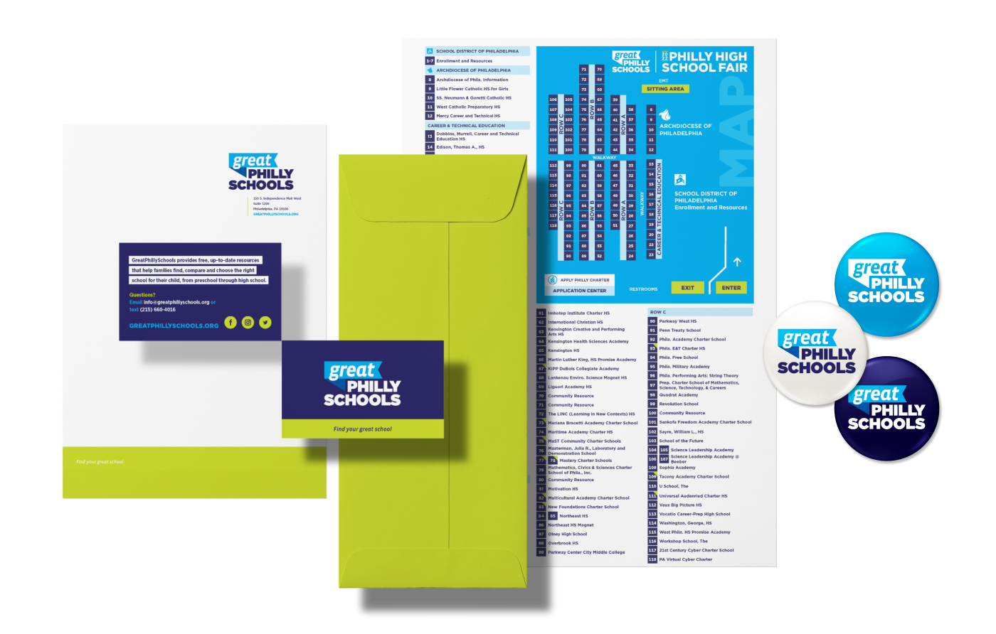 A collection of business collateral featuring business cards, stationery, informational flyers, and buttons with the new branding for GreatPhillySchools
