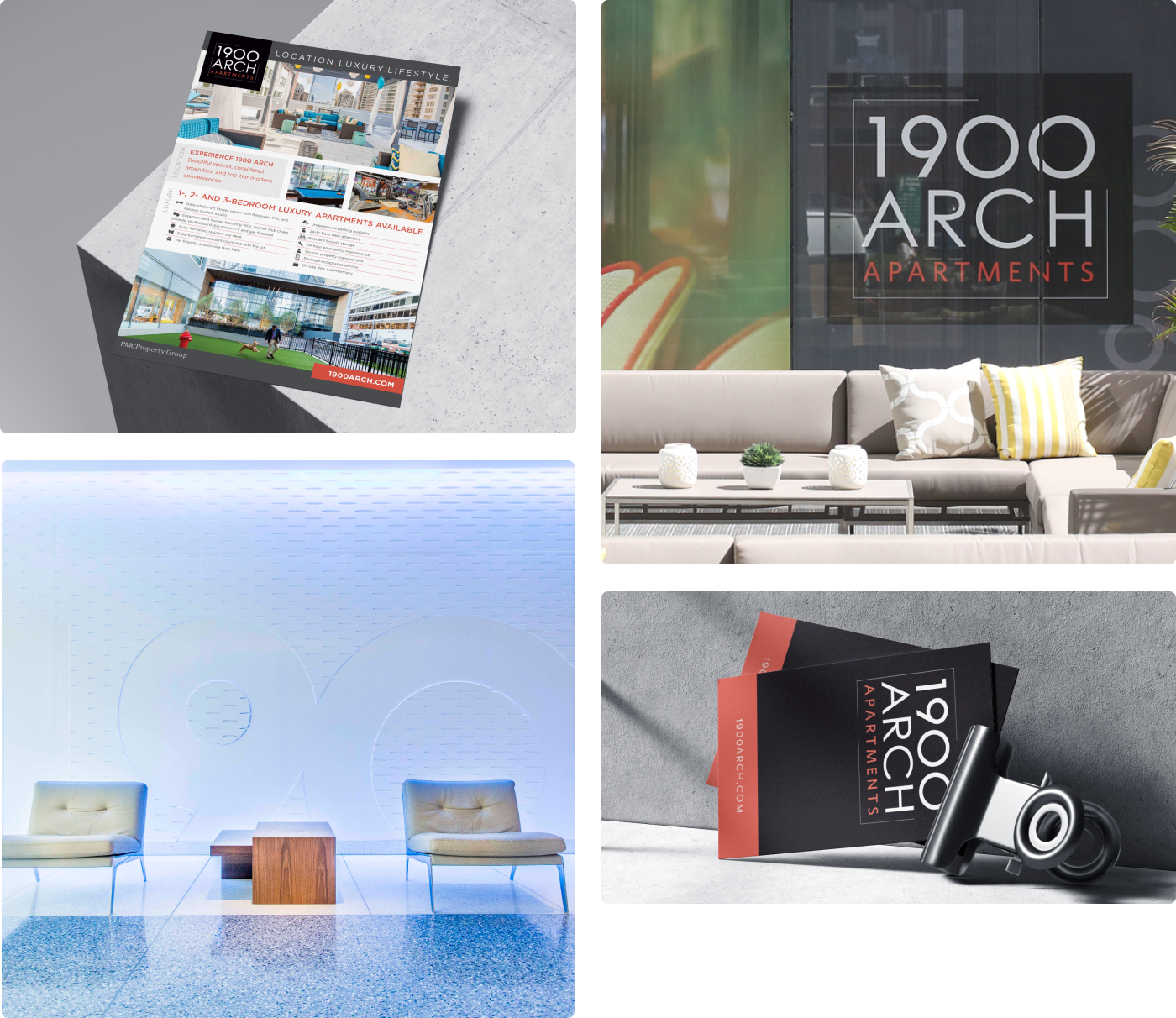 Collage of redesign for 1900 Arch Aparments featured on a flyer, their new logo, set into the wall of their lobby, and redesigned business cards.