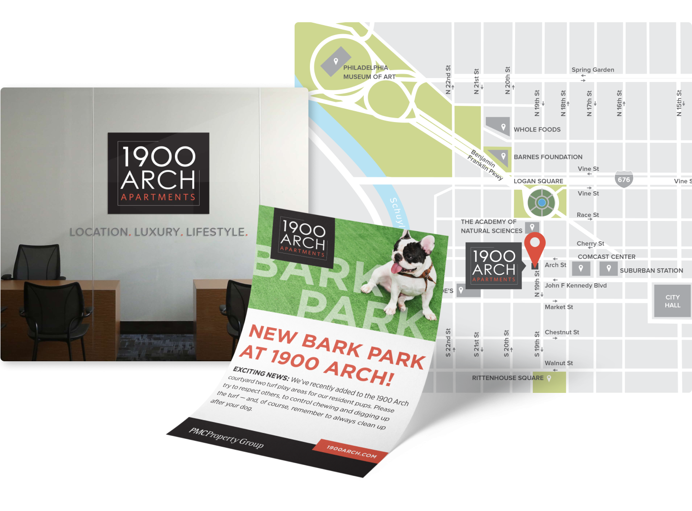 Collage of branding created for the 1900 Arch property's dog park called Bark Park on a flyer, map, and signage.