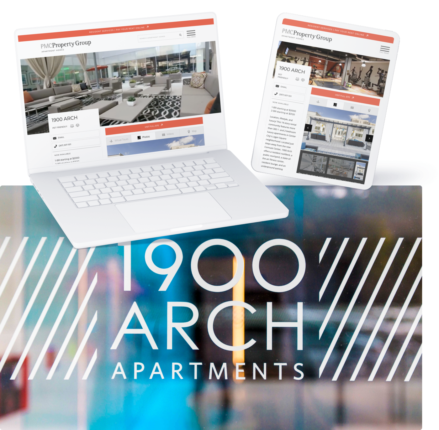 A laptop and tablet display their homepage redesign in front of the 1900 Arch Apartments' logo printed on their building.