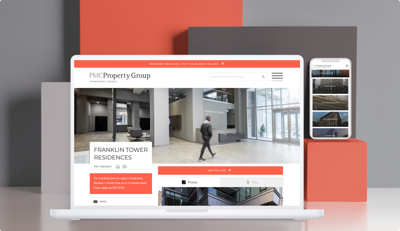 PMC Property Group's website on a laptop and smartphone