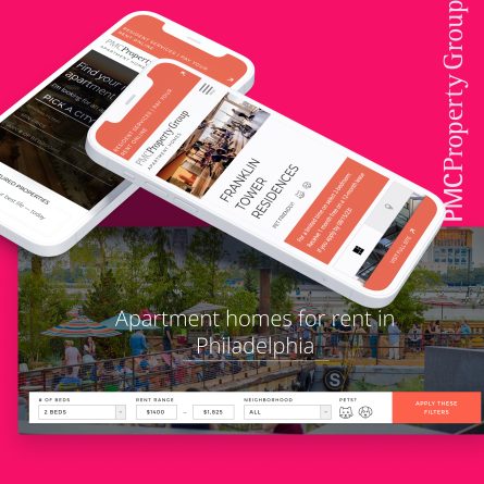 Two smartphones showing different pages on PMG Property Group's website as well Apartment Finder component redesigned.