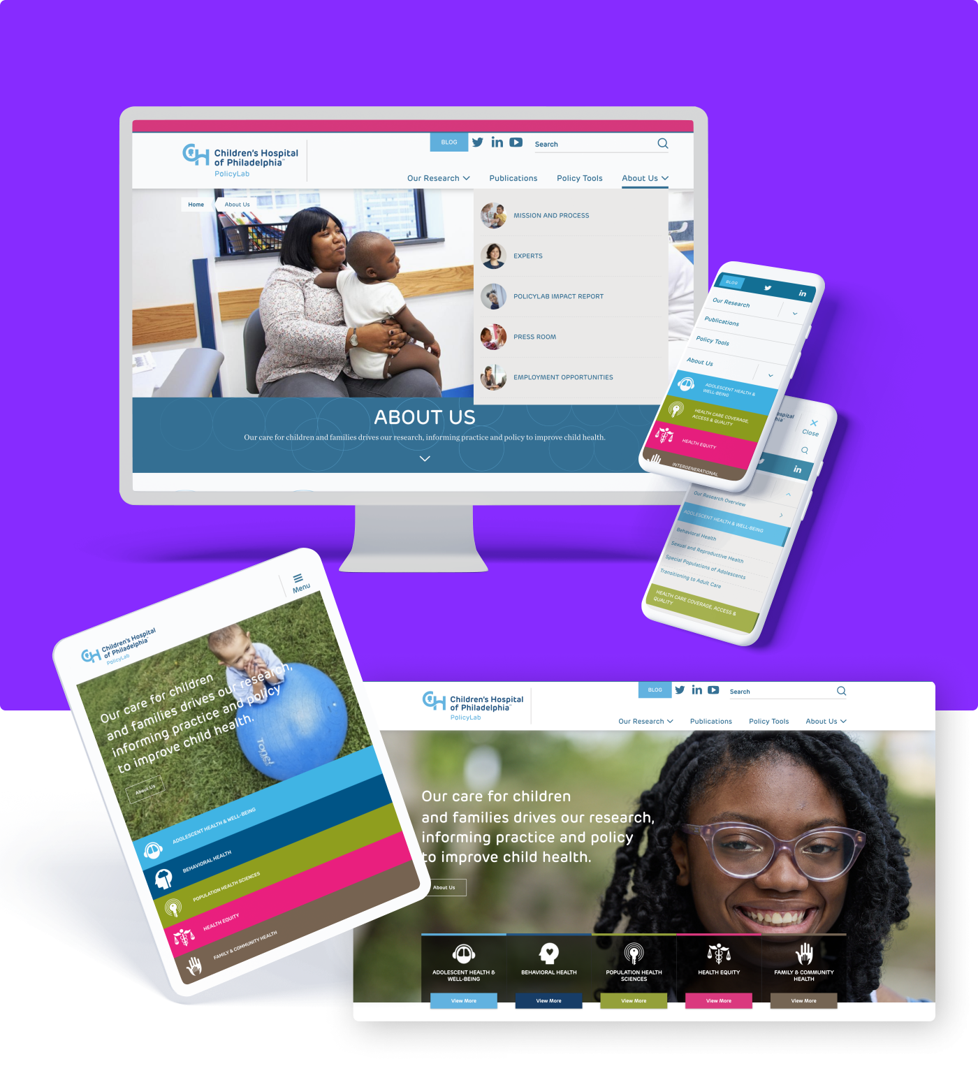 A collage of screenshots showing the Policy Lab redesign on desktop, mobile, and tablet devices. Included in the screenshot is how the design adjusts for mobile to desktop view.