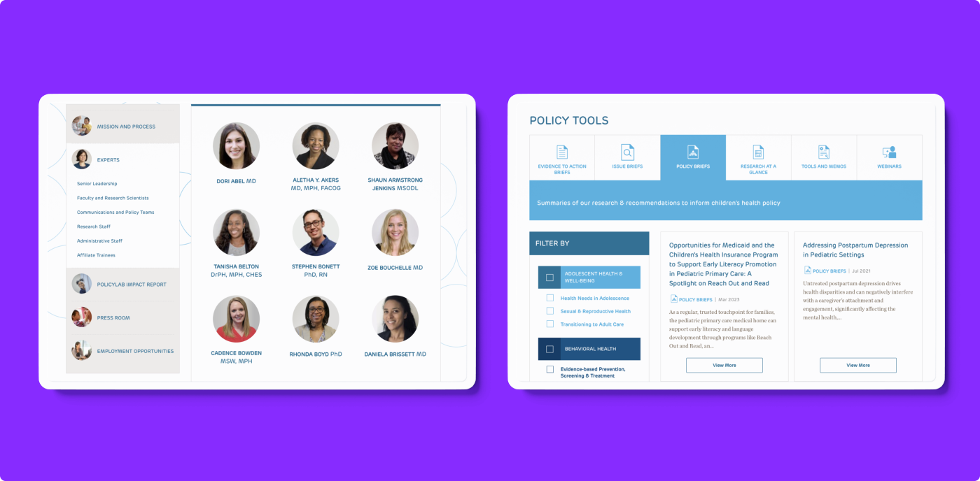 Two screenshots side by side from the redesigned Policy Lab website. The first is a new layout highlighting the staff page and the second page is of the Policy Tools landing page.