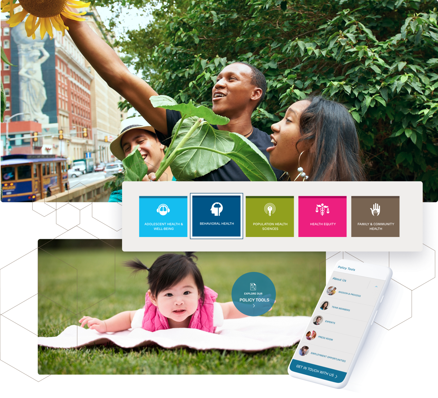 A collage of Policy Lab's new iconography for their website using bold shades of blue, green, and pink. In this collage, there is also a smartphone showcasing how the website looks on mobile. Highlighting the new color palette, the background shows two photos, the first is a group of teenagers picking a sunflower, and the second is the photo of a toddler laying on a blanket in some grass.