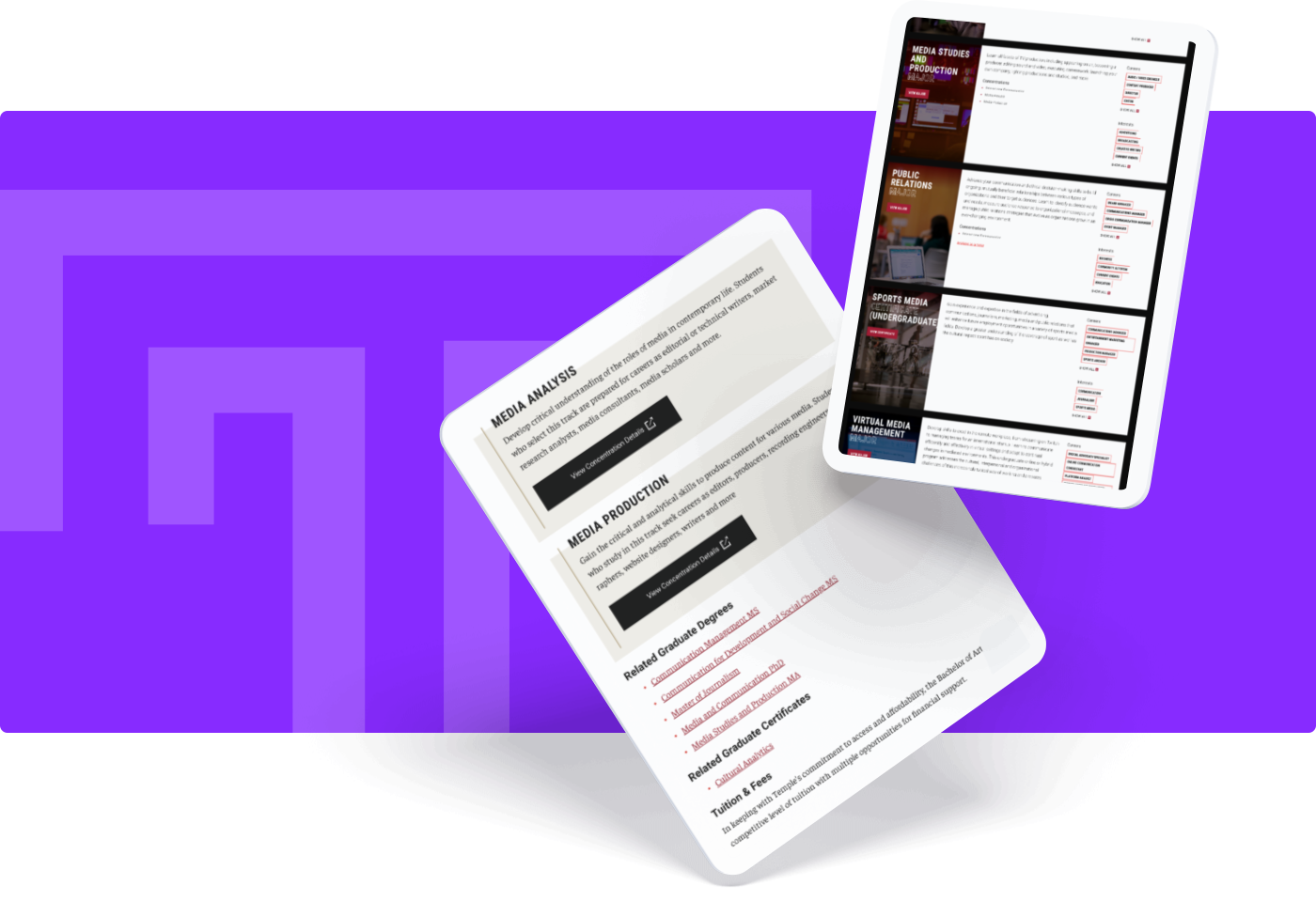 Design elements from the redesigned website for Temple's Klein College featured on two tablets