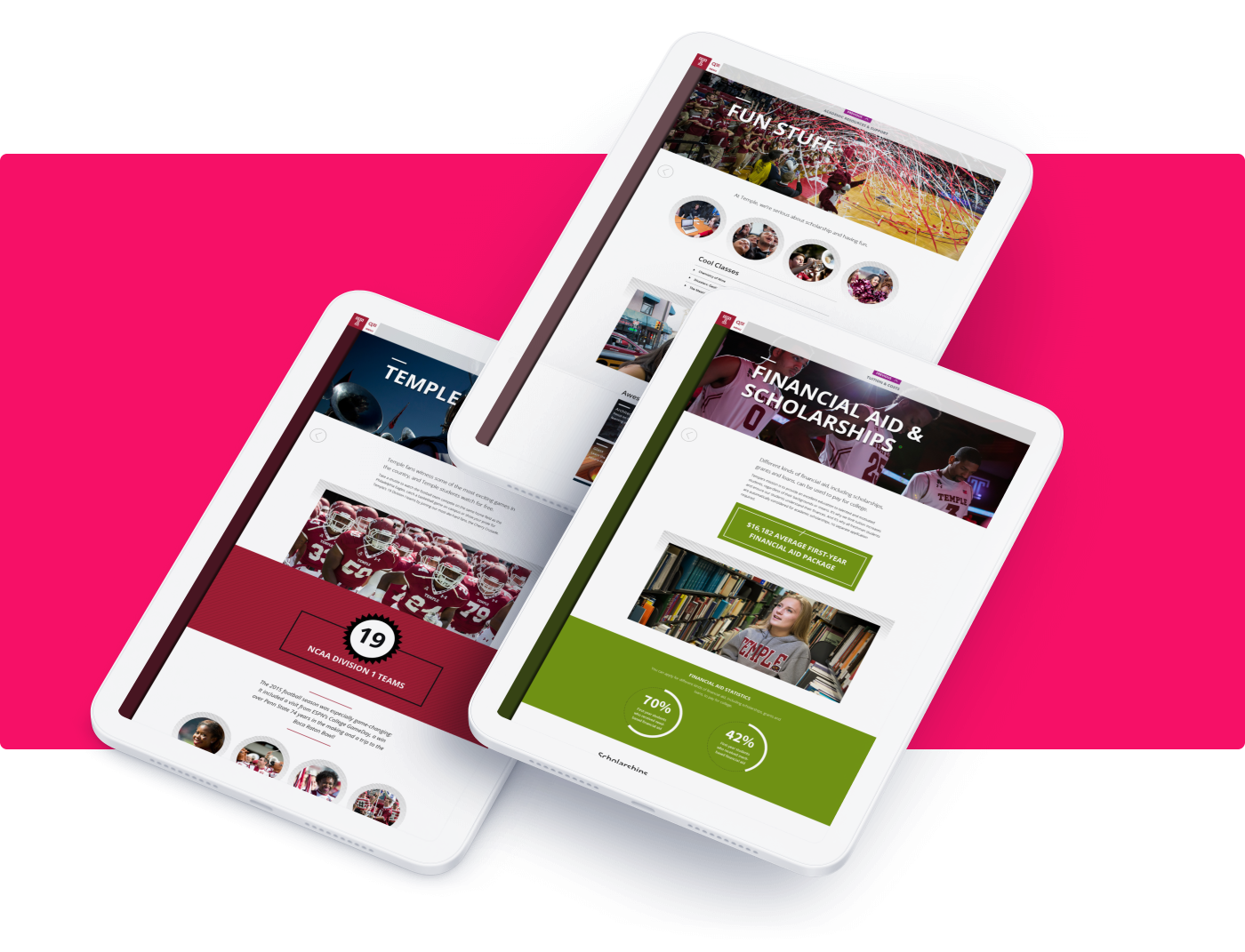 Digitized view of Temple's Admission Department college viewbook. Pages featured include categories like Temple Overview, Fun Stuff, Financial Aid & Scholarships on tablets.
