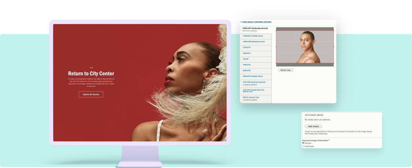 Collage showing the behind-the-scenes process of creating the dramatic landing page images featuring portraits of dancers at Alvin Ailey