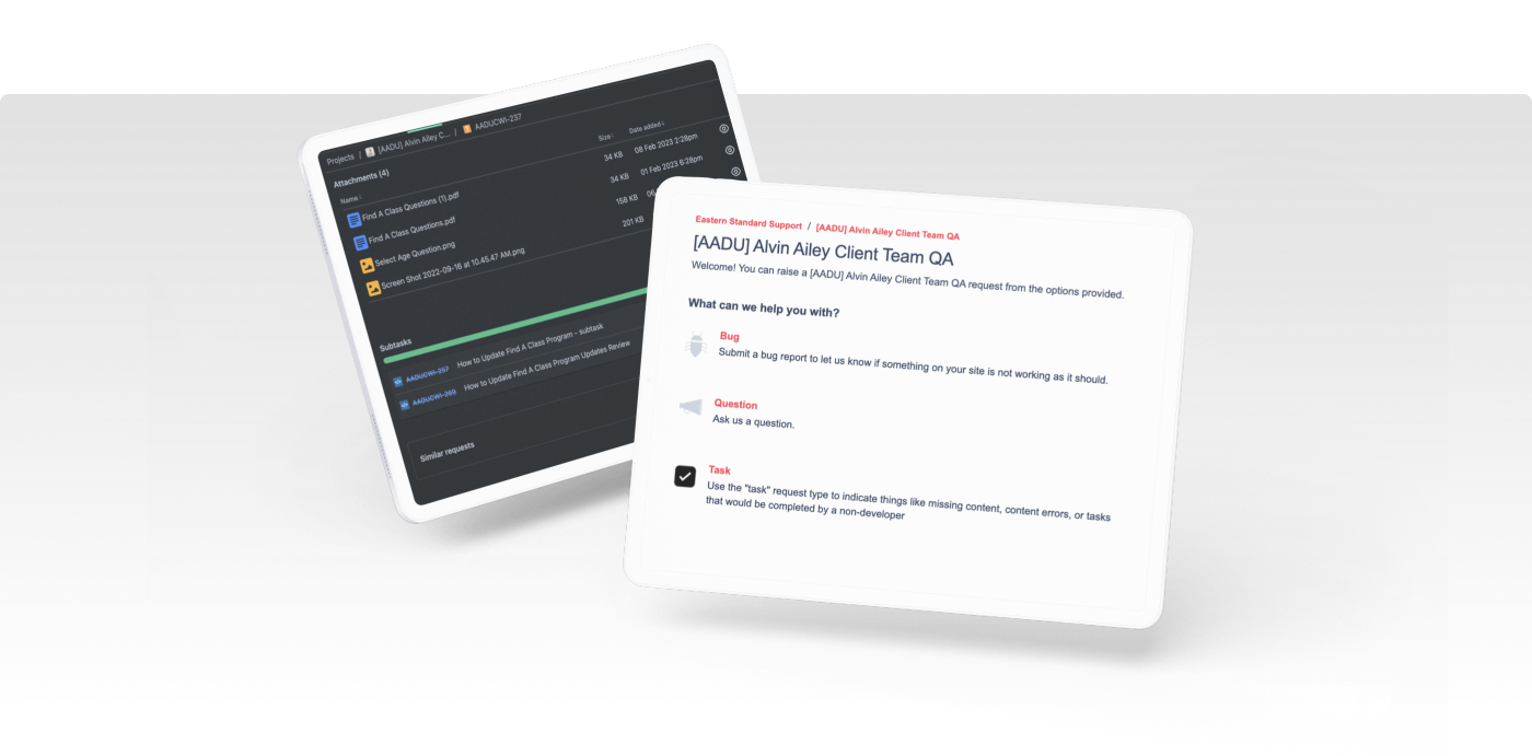 Screenshots of online collaboration with Alvin Ailey & Eastern Standard showing project management and troubleshooting coding bugs in real time