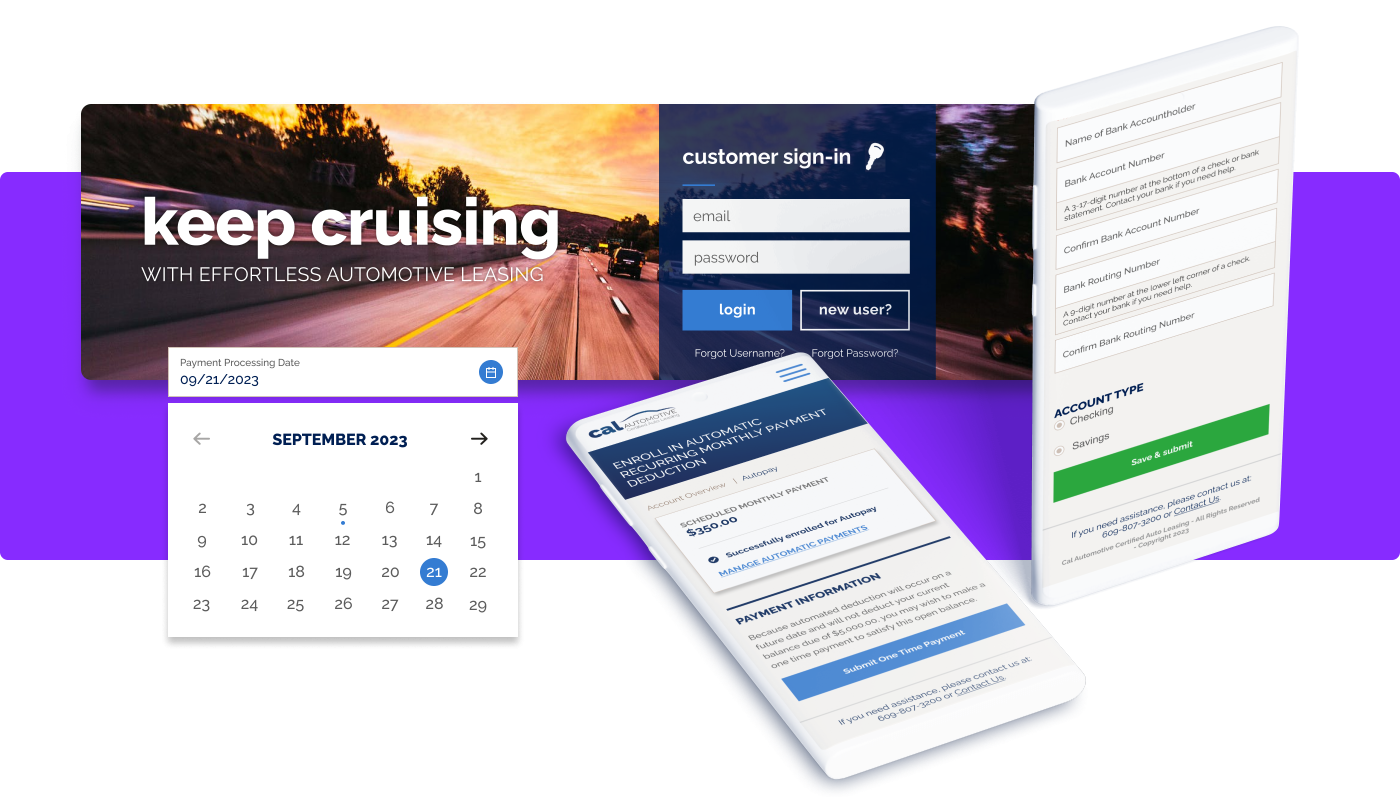 Design elements from CAL Auto showing the calendar feature, hero image with customer login, and internal account pages