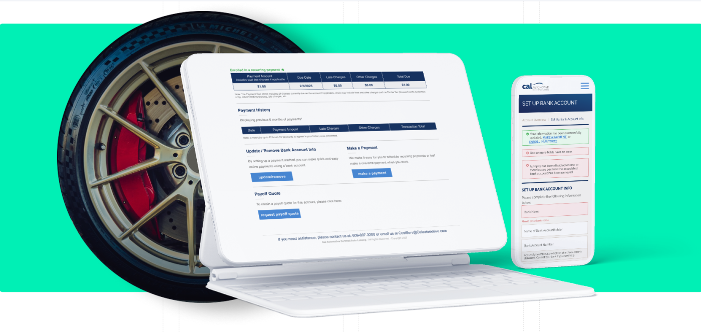 Payment Dashboard and Setting Up Bank Account pages as seen on desktop and mobile