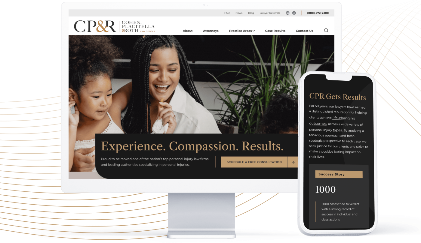Cohen, Placitella & Roth's new homepage design as seen on desktop and on an iPhone