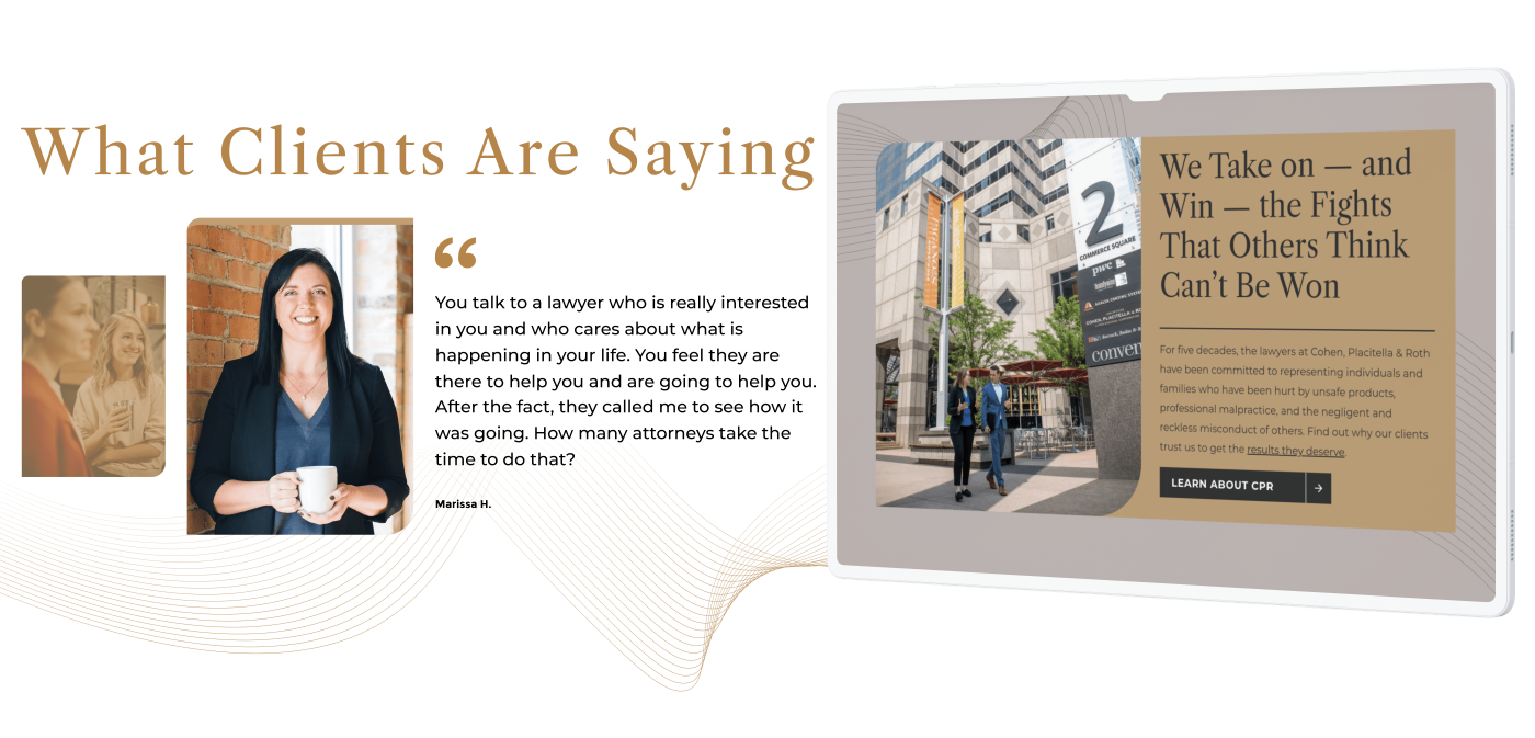 A preview of testimonials redesigned and a landing page as seen on tablet