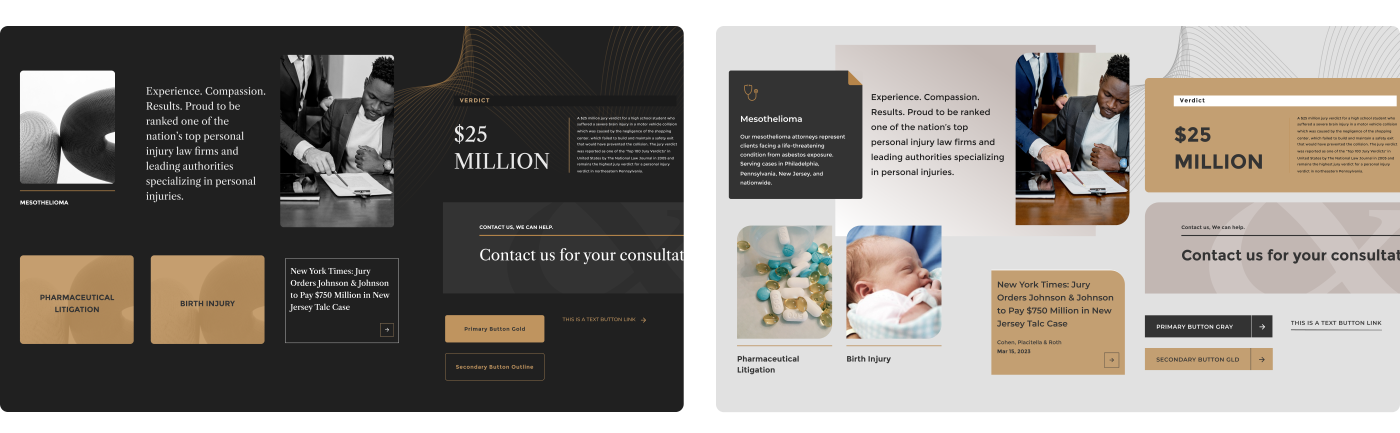 Sample exploratory designs of a landing page in two color palettes: one dark themed and one light themed