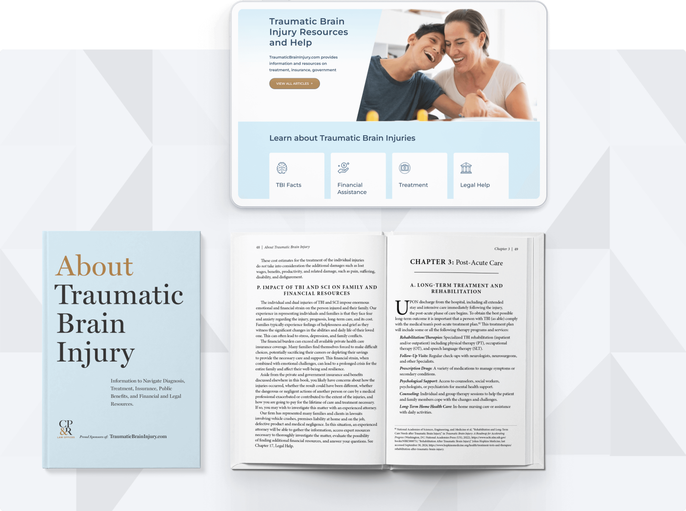 Book titled 'About Traumatic Brain Injury' alongside an open spread and a website mockup of TBI resources.