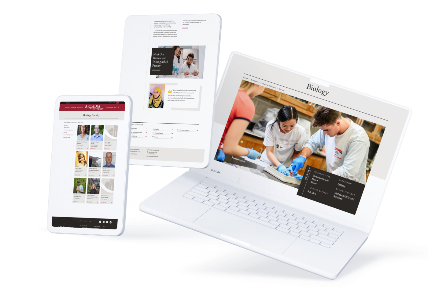 Three landing pages seen across all sorts of devices including desktop, tablet, and mobile showing the integration of design across platforms.