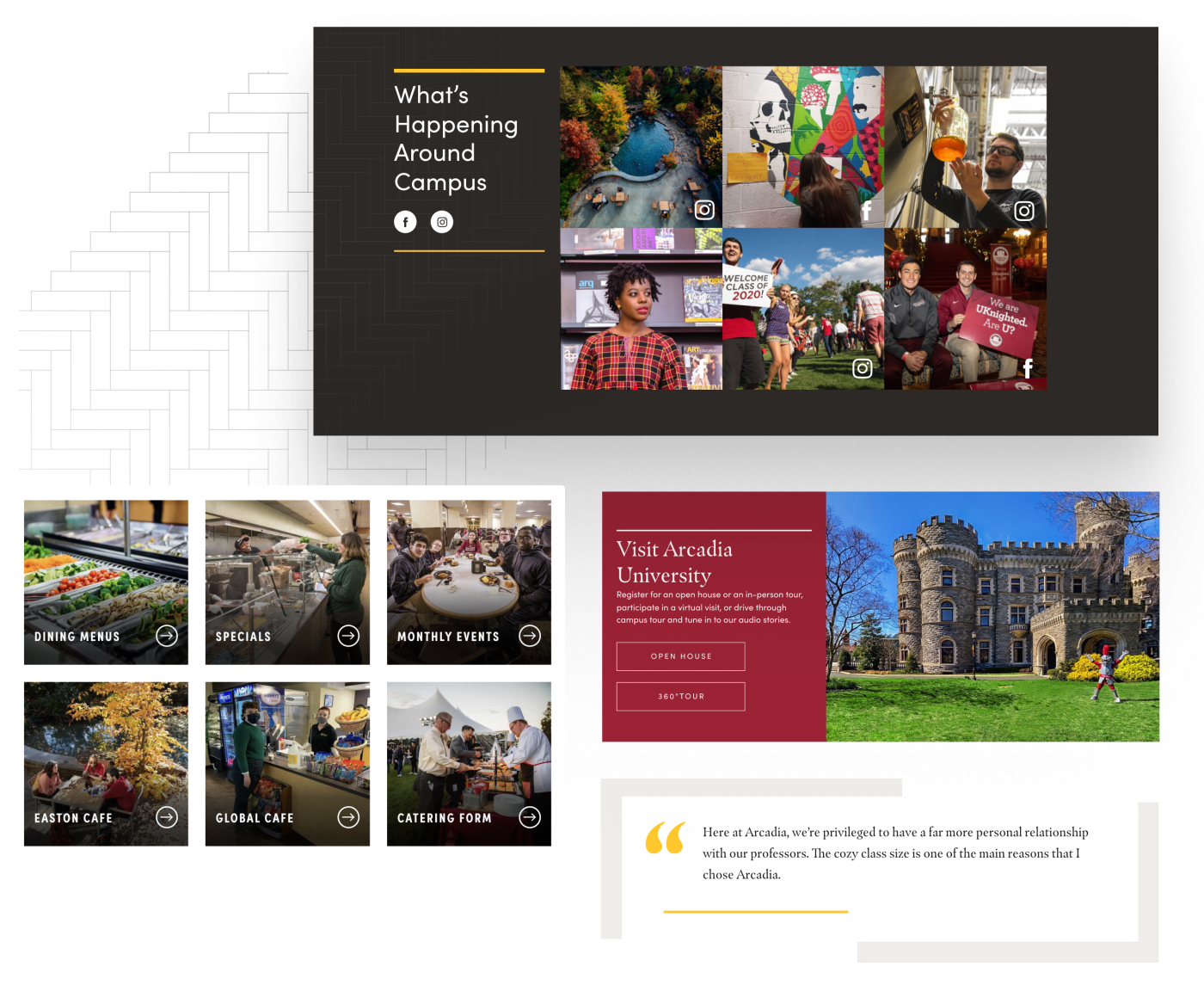 Components from the redesign showing events cards in a a gallery, and how social media profiles display