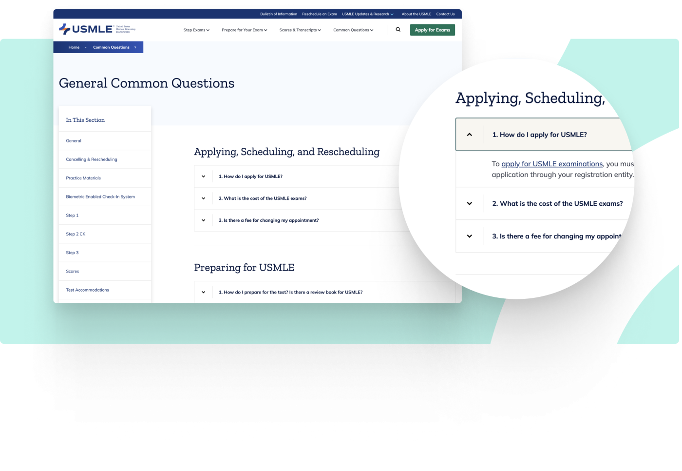 Frequently Asked Questions landing page showing new accordion design component that reorganized information in a more digestible form