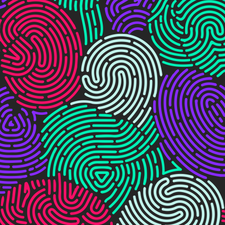 a collage of fingerprints in green, red, purple, and tan colors on a black background