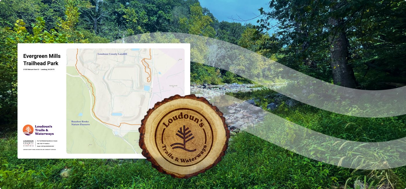 Evergreen Mills Traihead Park Map with Loudoun’s Trails & Waterways Logo, a wooden medallion with Loudoun’s logo with a nature background with a transparent pathway wave from the logo.