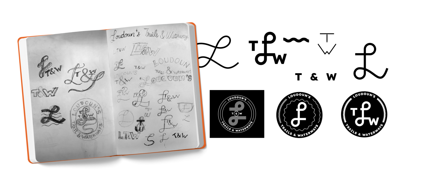 Sketches of L,T & W logos in a notebook next to computer-generated sample logos