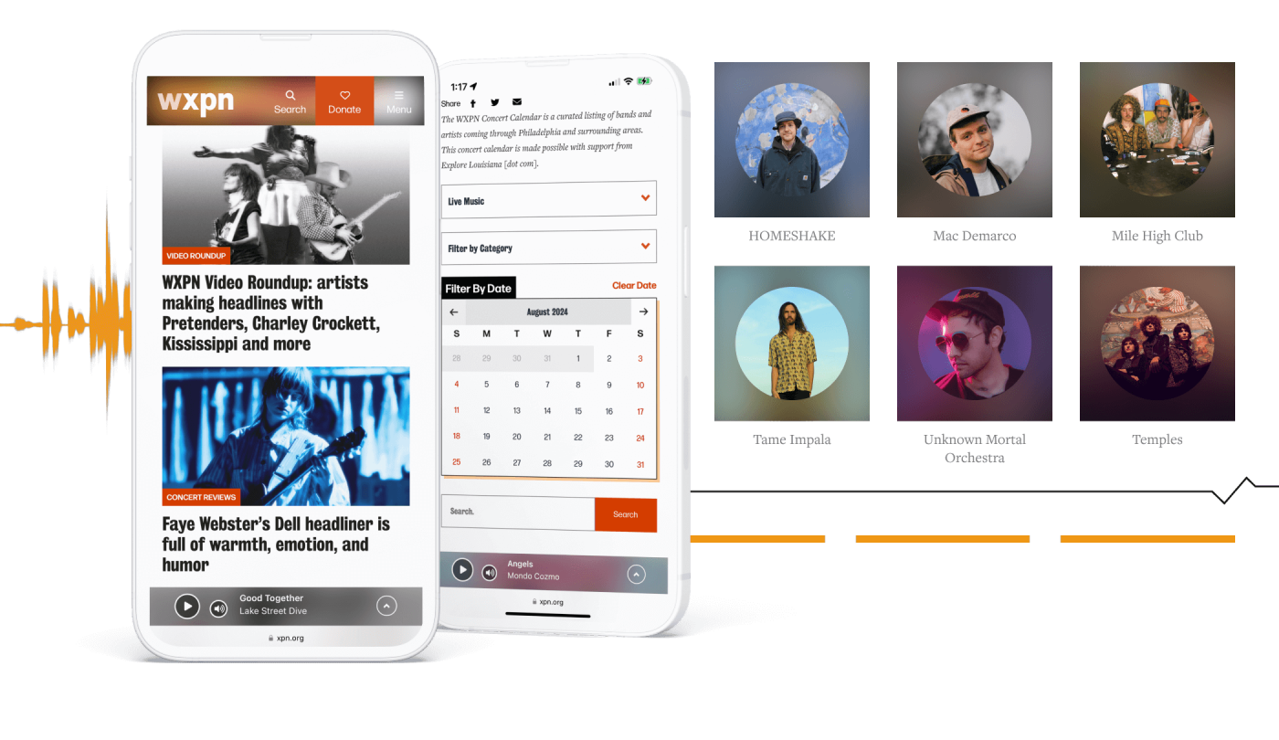 WXPN website displayed on mobile screens, highlighting news articles, an event calendar, and a soundwave-inspired background.