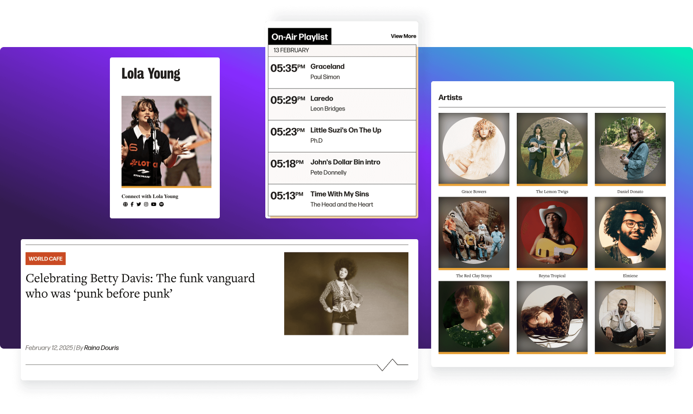 Collage of WXPN's website elements, including playlist, featured artists, and article preview.