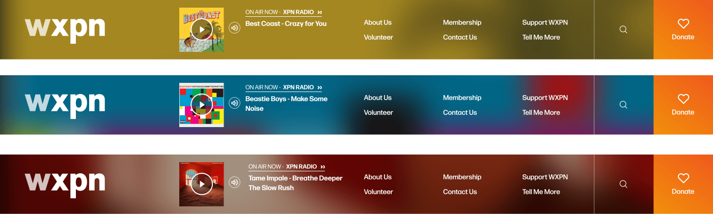 Three variations of WXPN's website header, featuring the station logo, current song playing, and navigation links.