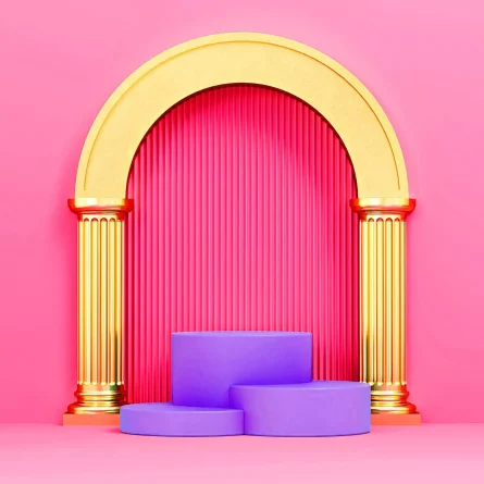 3D-rendered image of a grand golden arch with classical columns, set against a vibrant pink background, with stacked purple platforms in the foreground.