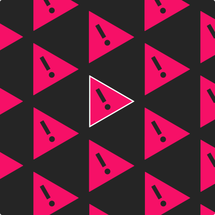 A pattern of bright pink warning triangles with exclamation marks on a dark background, with one triangle outlined in white, symbolizing digital credibility issues.