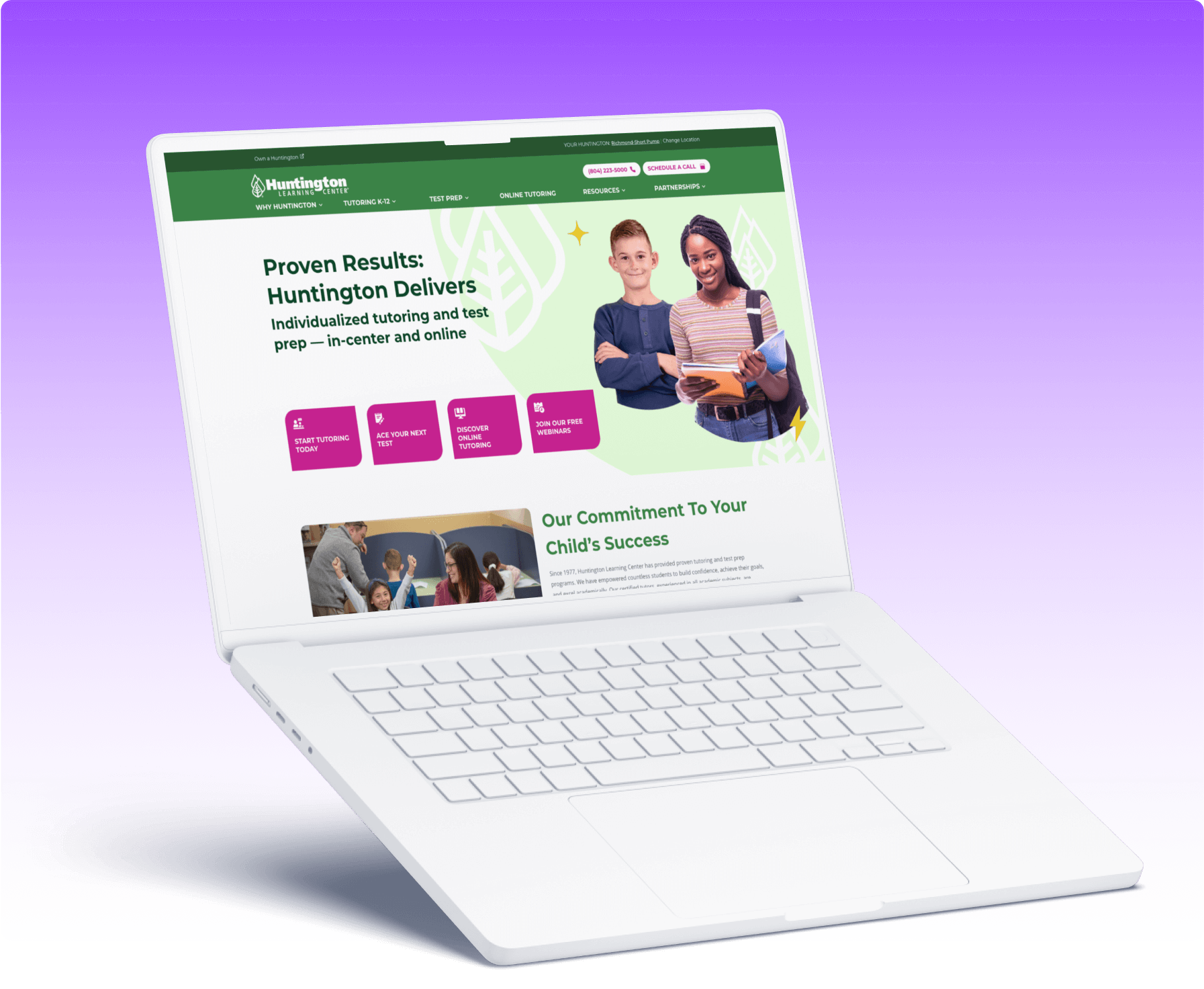 Branded hero section for Huntington Learning Center showing promotional test prep messages and a group of diverse students holding books.