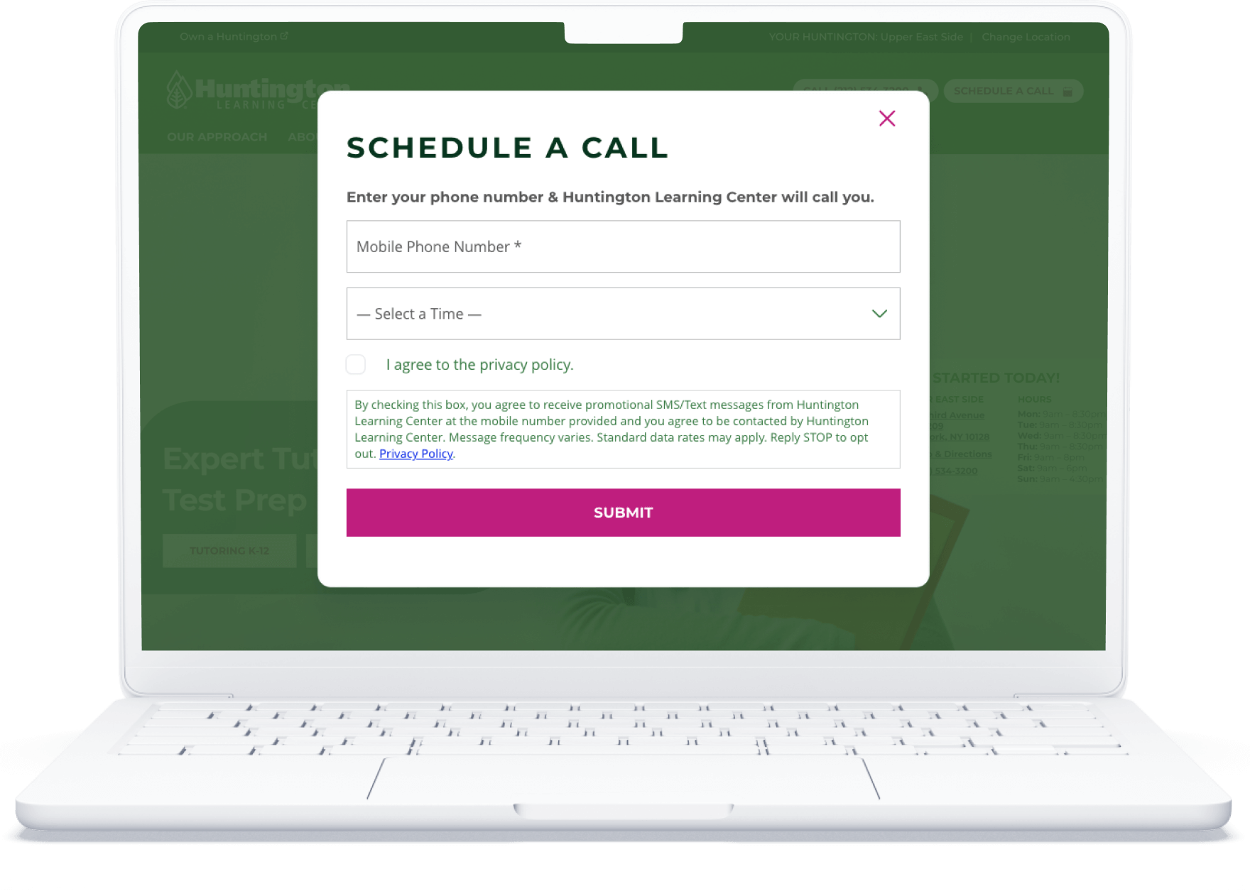 Desktop view of the “Schedule a Call” modal for Huntington Learning Center, prompting users to enter their phone number and select a time.