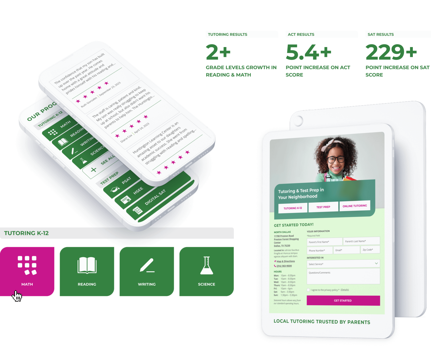 Tablet and mobile mockups displaying tutoring subject options, user testimonials with star ratings, and metrics showing academic improvement from Huntington Learning Center programs.
