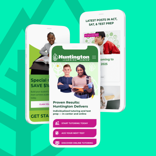 Mobile mockups of the Huntington Learning Center website set against a bold green background with brand graphics.