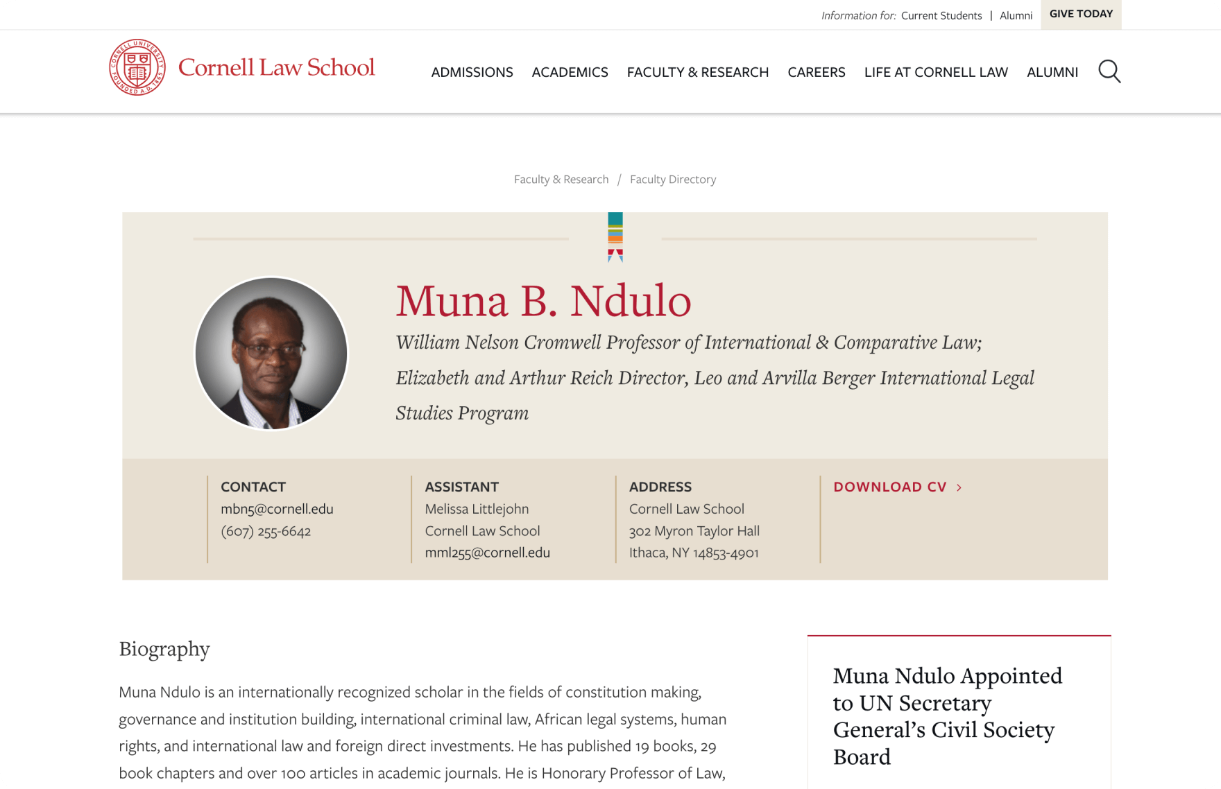 Faculty profile page on Cornell Law School’s website, including contact information, biography, and CV download option.