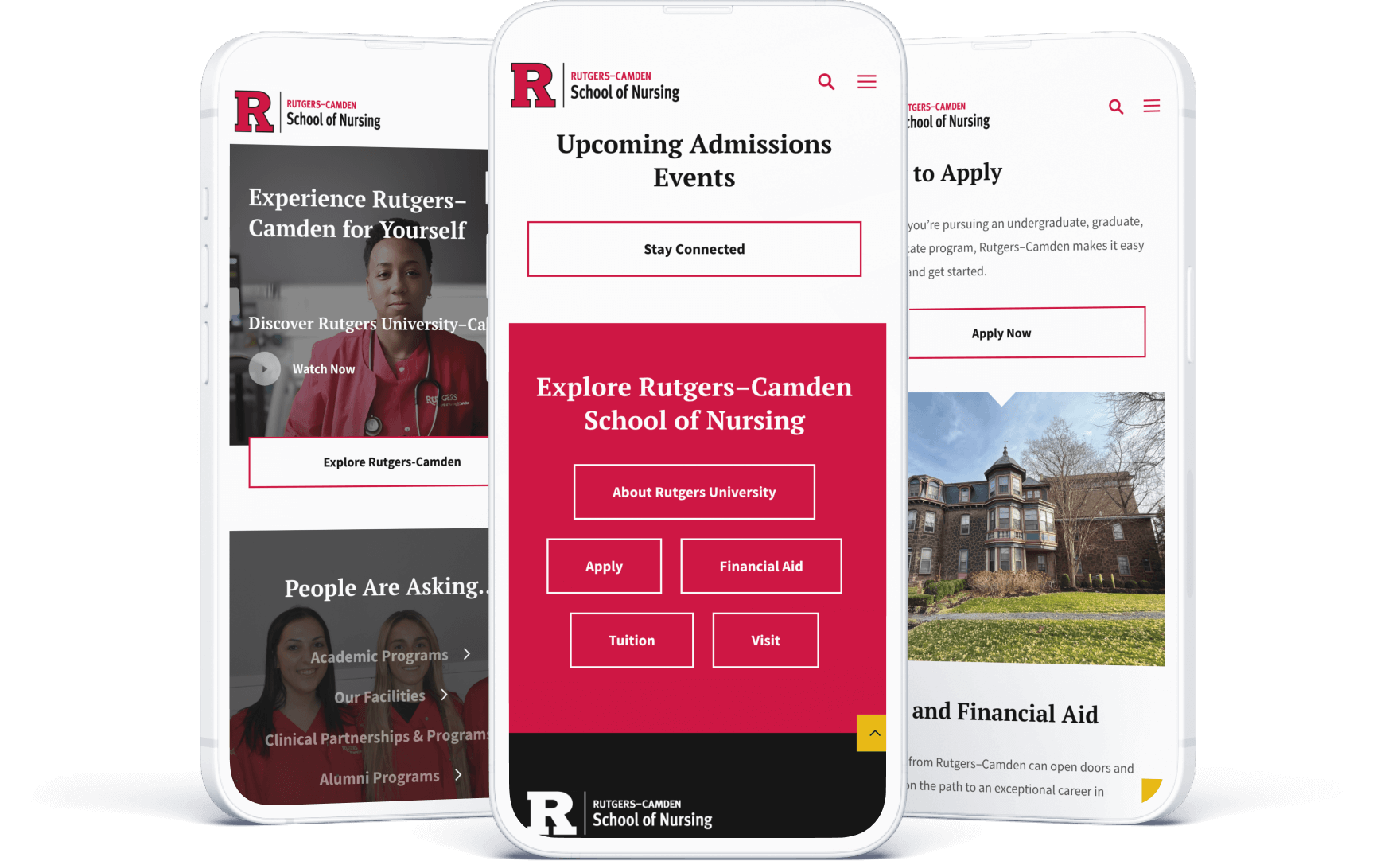 Mobile views of the Rutgers–Camden School of Nursing website, showcasing admissions information, application buttons, and student photos.